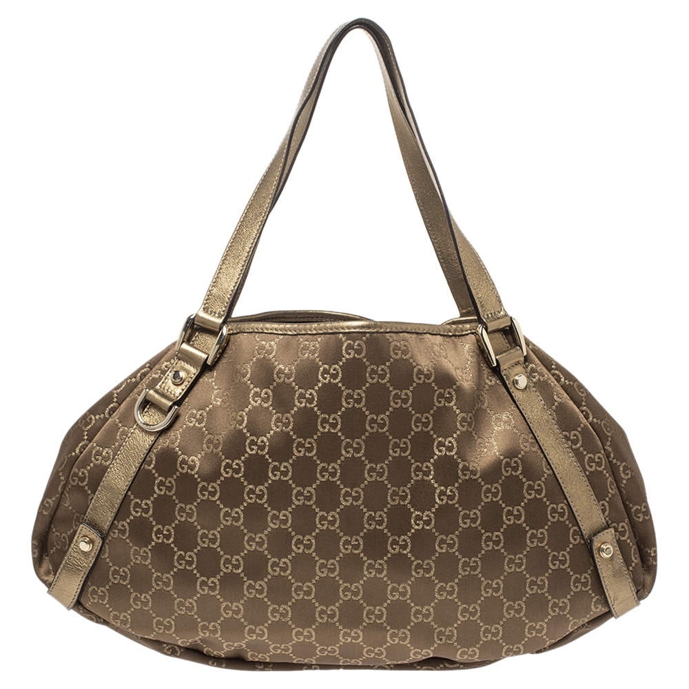 Authentic Gucci Metallic Brown GG Fabric Leather Medium Abbey Shoulder Bag Tote
